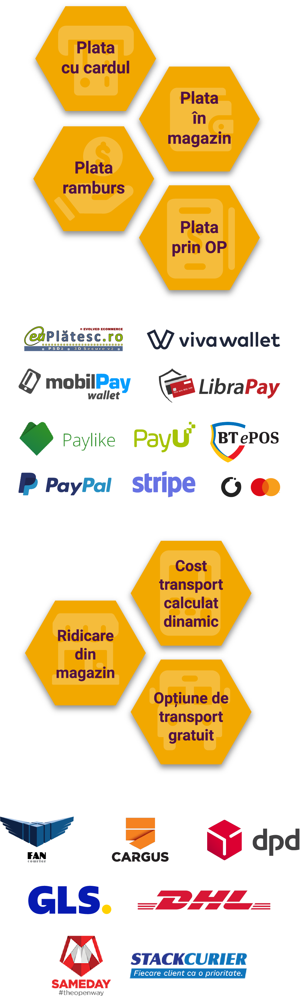 Plată cu cardul , Plată în magazin , Plată ramburs , Plată prin OP , Cost transport calculat dinamic , Ridicare din magazin , Opțiune de transport gratuit